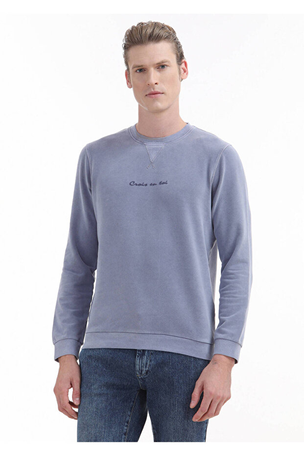 Lila Bisiklet Yaka Baskılı Sweatshırt - 1