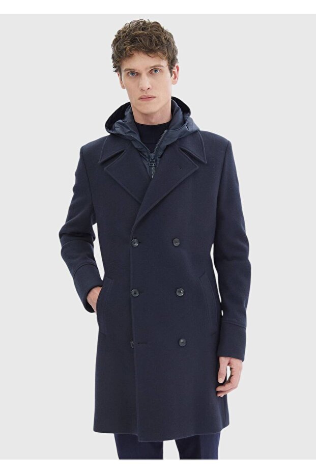 Lacivert Regular Fit Kruvaze Yaka Casual Örme Palto - 1