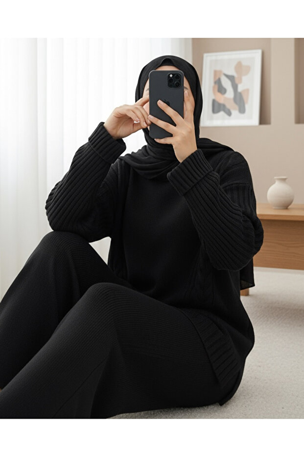Knitted Patterned Long Back Knitwear Set - Black