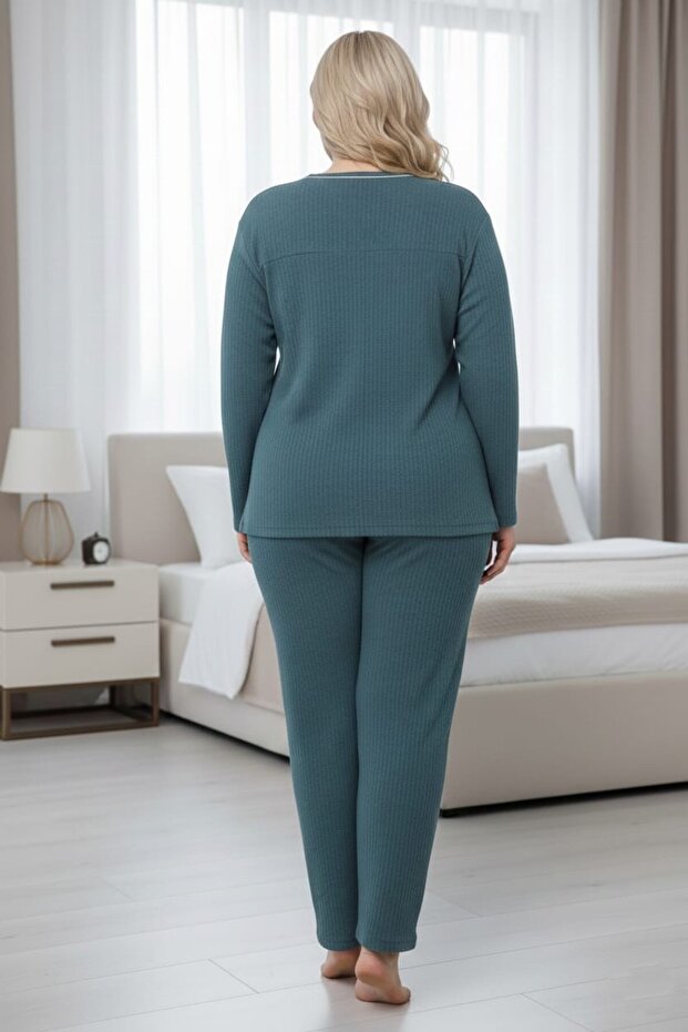 Dámská zimní Petrol Blue Large Size Buttoned Collar Interlock Interlock Pyžama Set - 3