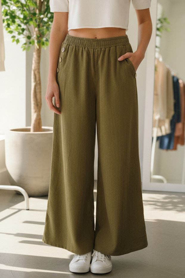 Italian Mustard Color Pocketed Elastic Waist Wide Leg Slim Fi Corded Fabric Adife Woven Trousers 100 62