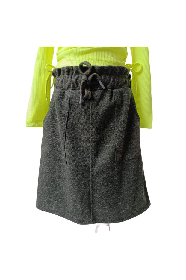 Girl's Green Knitted Winter Skirt – with Pockets, Elastic Waist, and Lace-Up