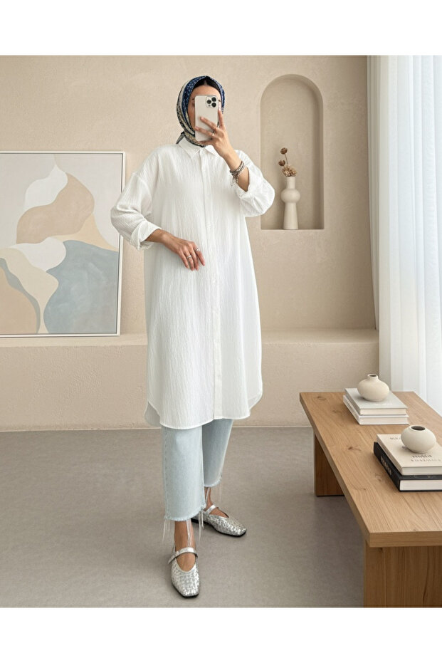 Oval Cut Karash Long Casual Tunic -White