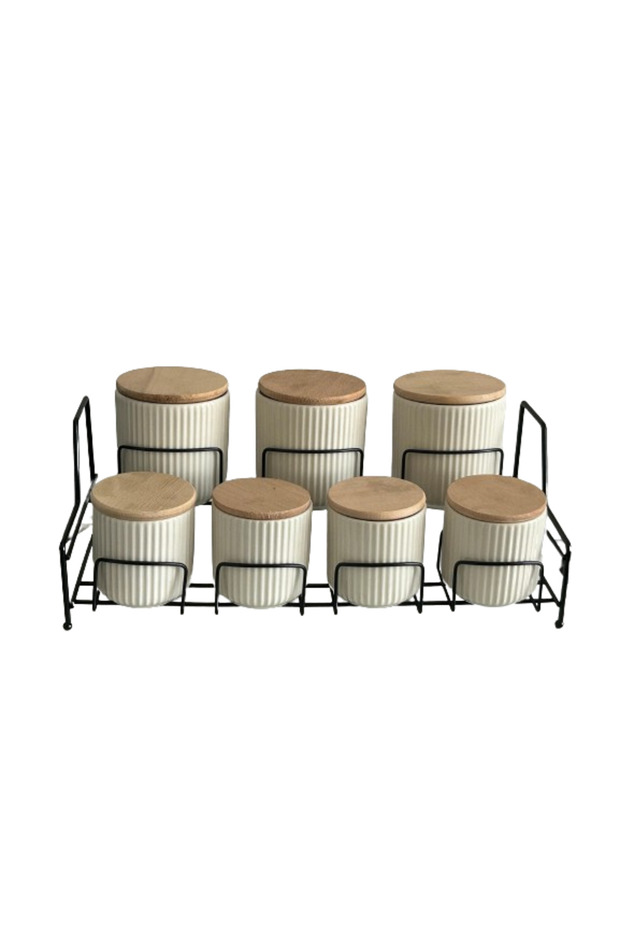 Black Stand with 7 Compartments White Porcelain Spice Set with Bamboo Lid Kitchen Organizer Stainless Steel