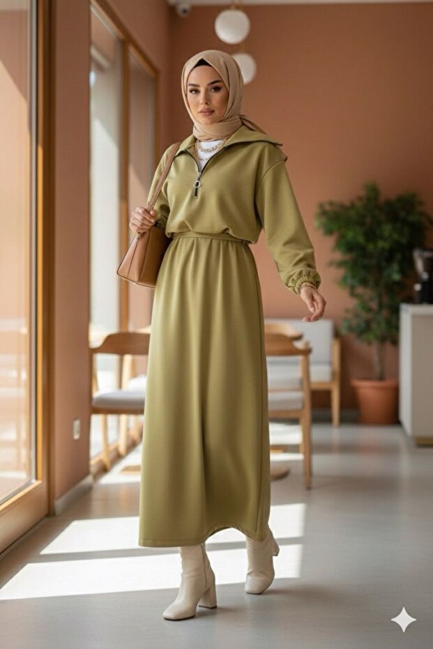 Women's Green Scuba Suit ◆ Oversized Comfortable Mold with Belt ◆ Modern and Elegant for Everyday Casual Outfits