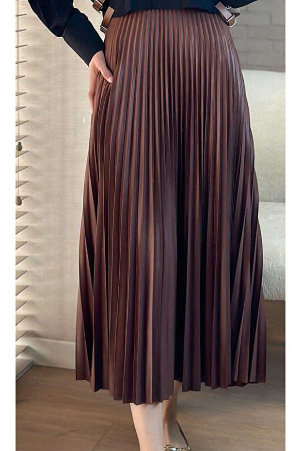 Fusta lungă plisată elegantă de damă maro - 2