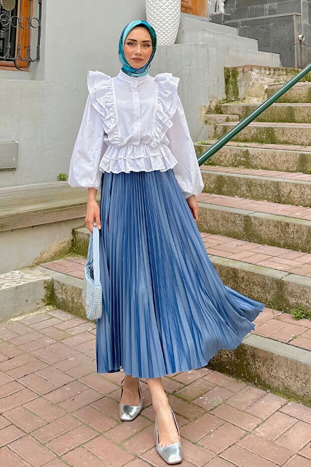 Women's Basic High Waist Pleated Loose Indigo Long Skirt