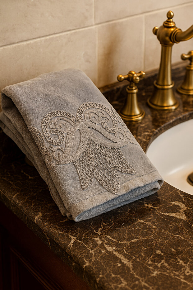 Çeyiz Bahçe Çınar Velvet Hand Towel Gray