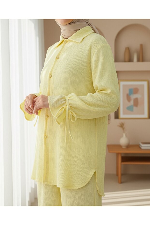 Top-Buttoned Drawstring Sleeve Crinkle Set - Light Yellow