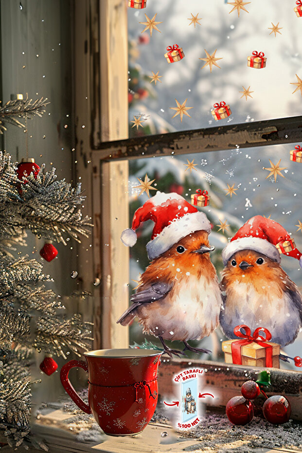 Double Sided Printed New Year Christmas Birds and Cute Figures Glass Sticker Set Christmas Sticker