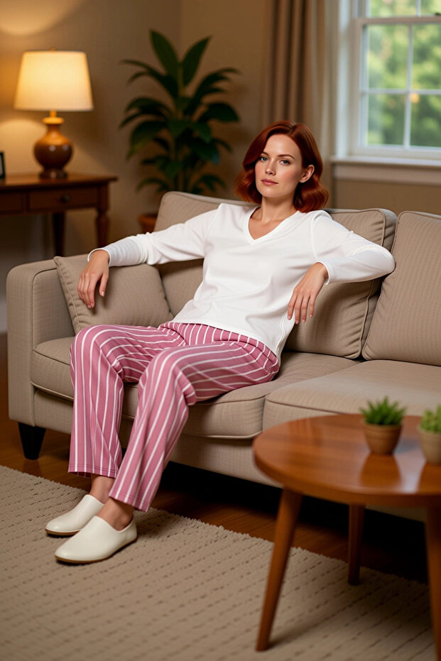 Women's Winter Long Sleeve Fleece Pajamas Set Striped Regular Fit Elegant Design