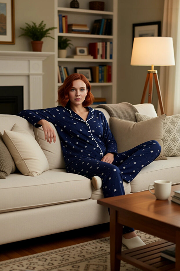 Women's Winter Cotton Pajama Set with Piping Pattern Comfortable Home Wear Set for Daily Use