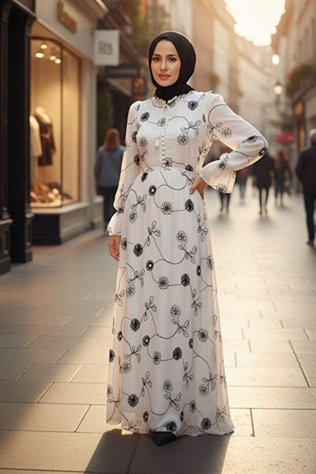 Floral Patterned Ecru Hijab Dress 32944E