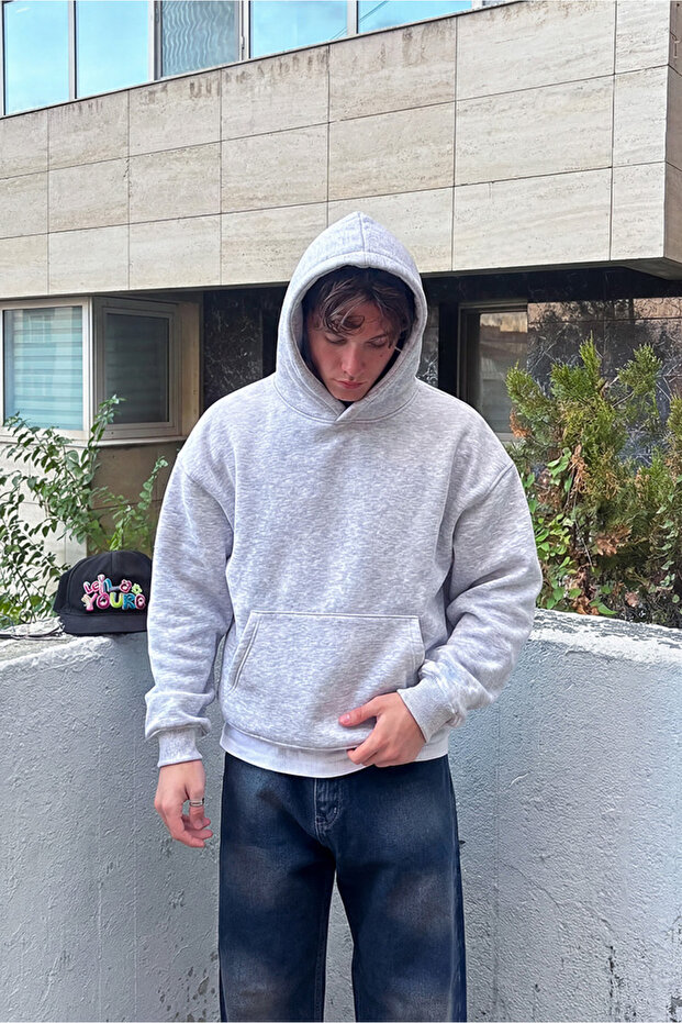 Oversize Basic Hoodie - Gri - 1