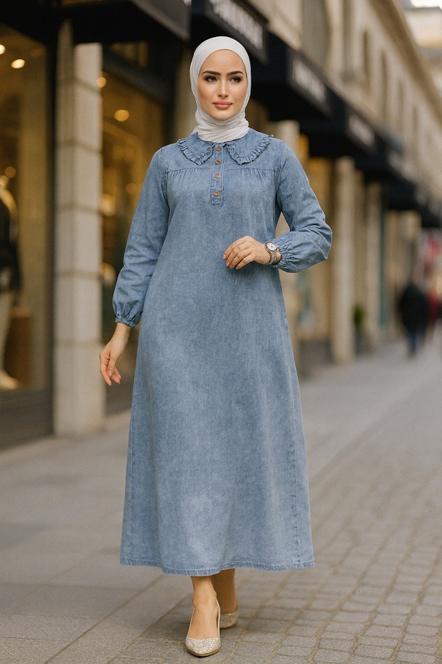 Pocket Detailed Blue Hijab Dress 19101M