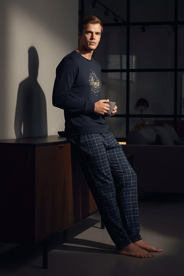 Men's Long Sleeve Pajama Set Navy Blue 100% Cotton