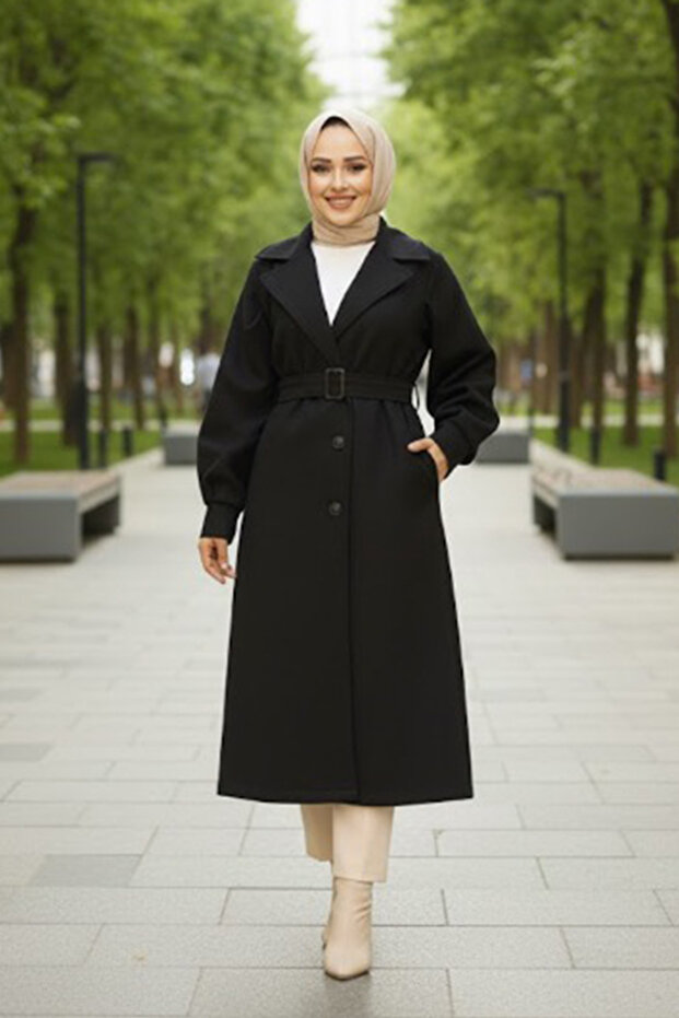 Belted Black Cashmere Hijab Coat 61241S
