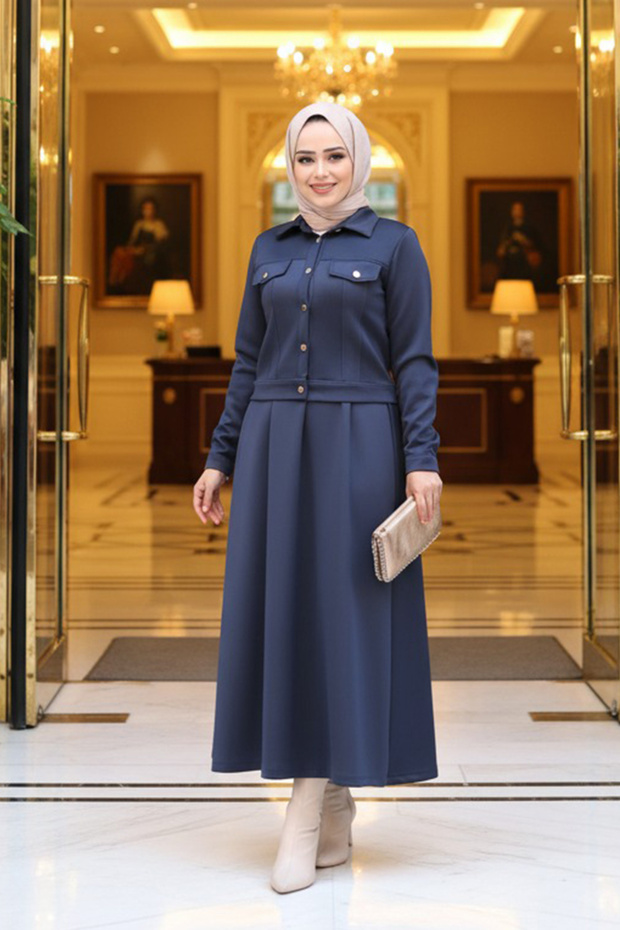 Navy Blue Hijab Double Set 13212L