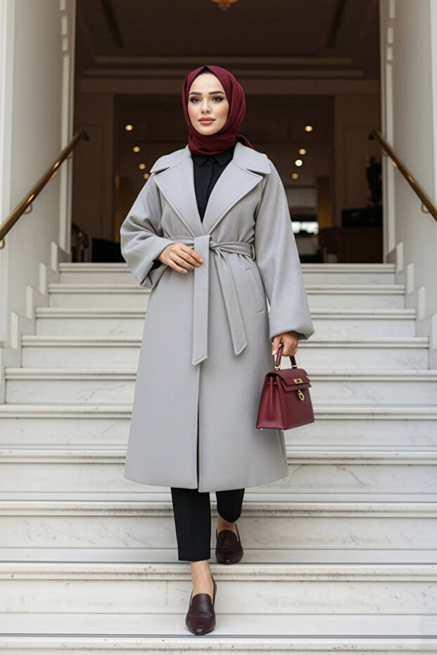 Belted Gray Hijab Coat 61631Gr