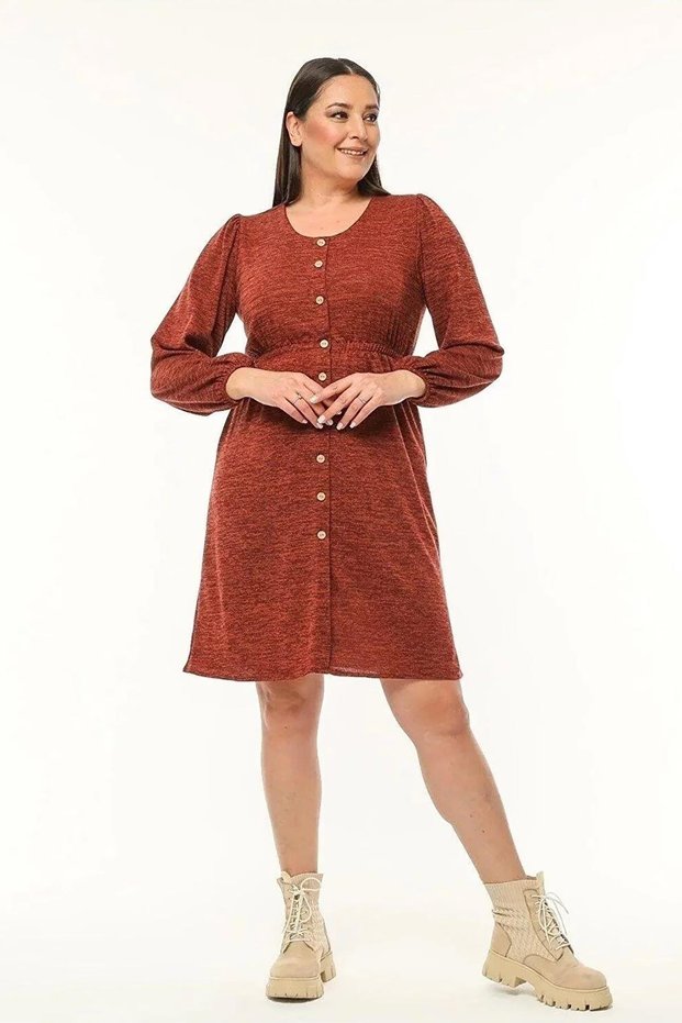 Apsen Women's 4482/105-48 Brick Long Sleeve Button Detailed Knitwear Dress