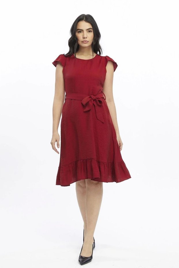 Apsen Women's Burgundy Color Shoulder Detail Gathered Midi Length Summer Dress 3886-100