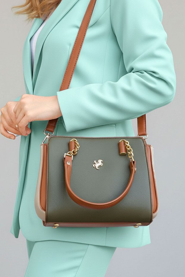 Women's Polo 4-Compartment Chain Detail Long Crisscross Straps & Clutch Bag (24x19 CM)