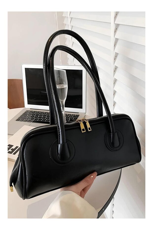 Meva Double Zippered Black Baguette Hand and Shoulder Women's Bag
