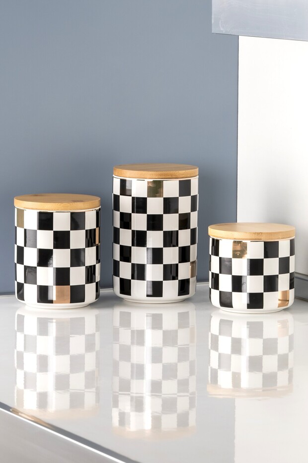 Set of 3 Ceramic Checkered Pattern Gold Gilded Checkered Sugar Bowl Tea Coffee Storage Container Spice Container