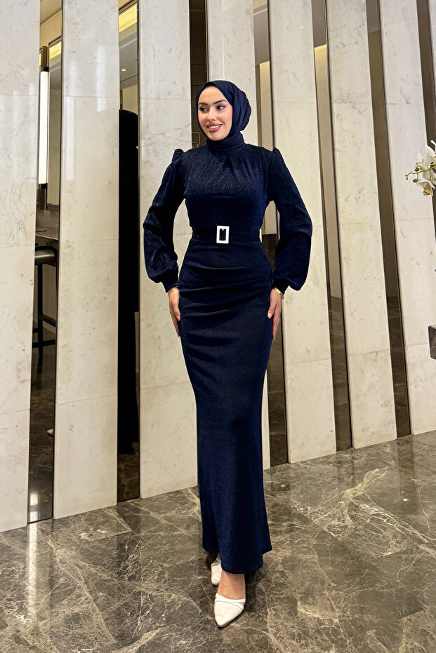 Seçil Glittery Hijab Evening Dress Navy Blue
