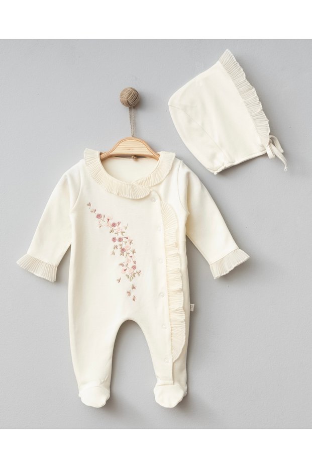 Floral Embroidered Lace Detailed Organic Romper and Hat 100% Cotton Newborn Baby Girl