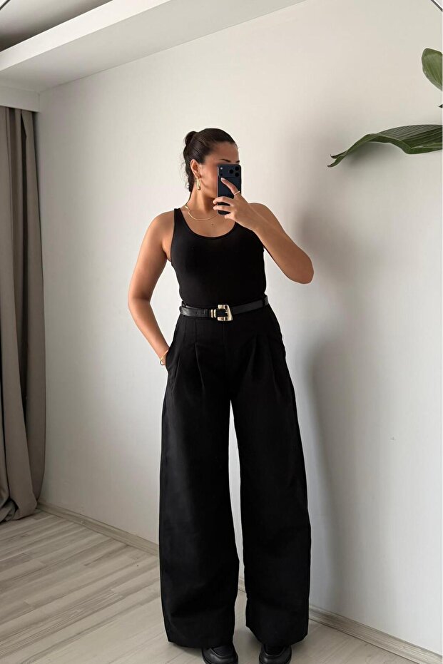 Wide-Leg Basic Pantolon - Siyah - 4