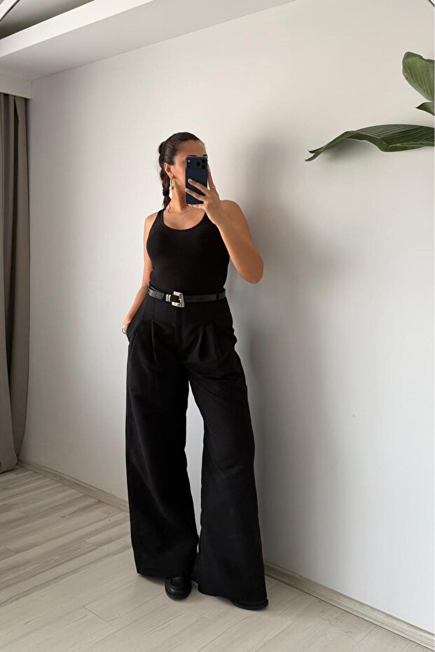 Wide-Leg Basic Pantolon - Siyah - 7