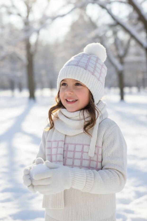 Kitti 4-8 Years Old Girl's Fleece Scarf Beanie Gloves 3-Piece Set