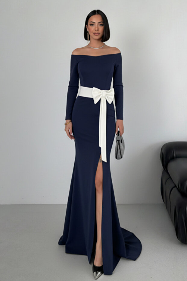 Maxi Balık Slit White Bow Graduation Evening Dress
