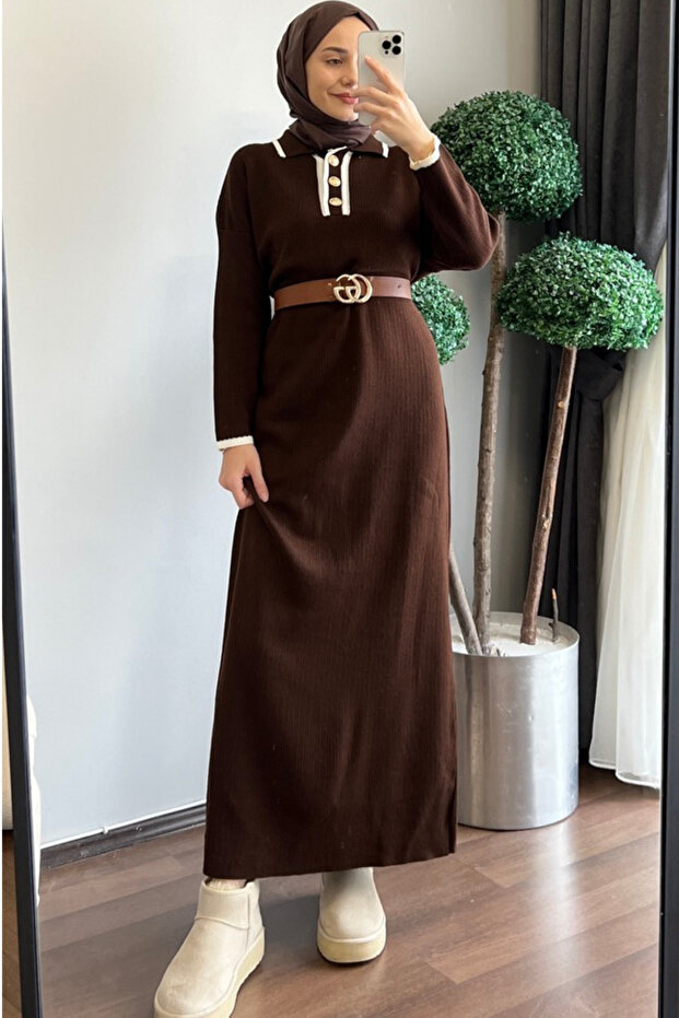 Buttoned Piping Detail Oversized Long Knitwear Dress-Brown