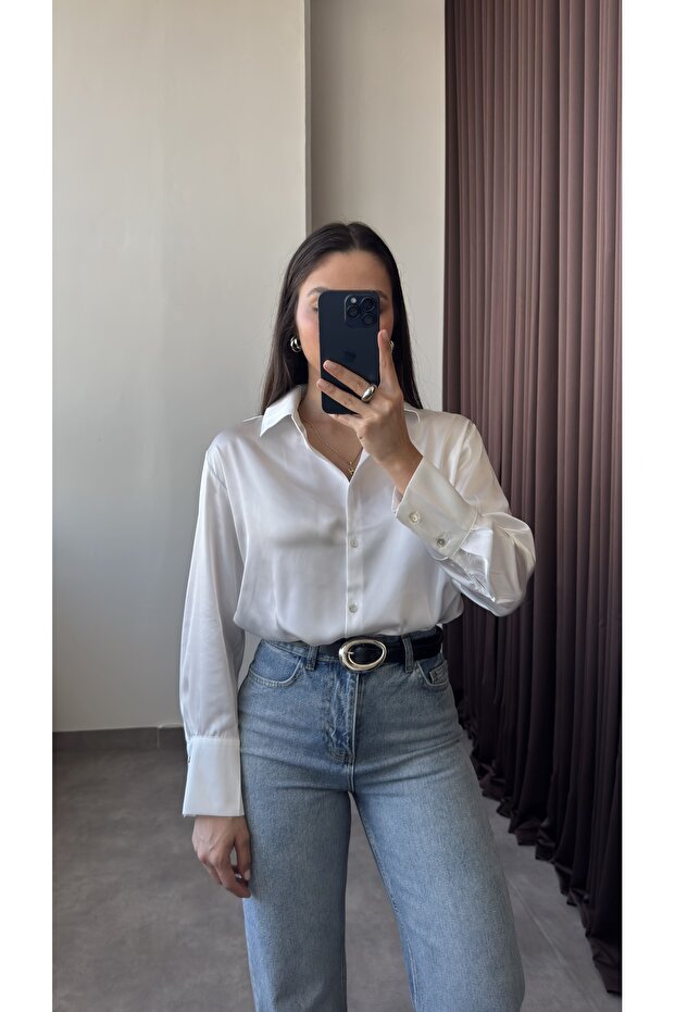 Basic Ekru Kadın Saten Gömlek - 1
