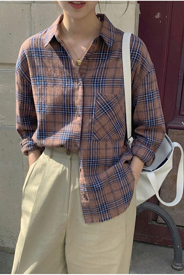Women's Brown Plaid Pattern Single Pocket 100% Cotton Oversized Shirt (Get 1 Size Smaller)