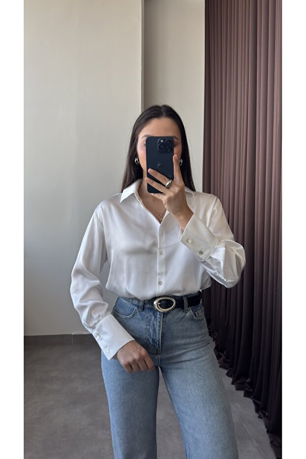 Basic Ekru Kadın Saten Gömlek - 5