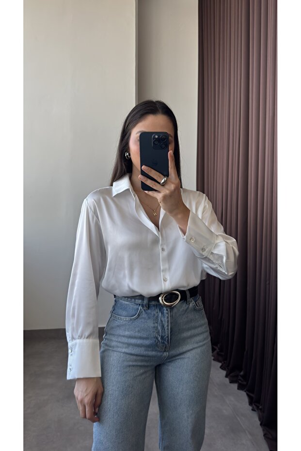 Basic Ekru Kadın Saten Gömlek - 3