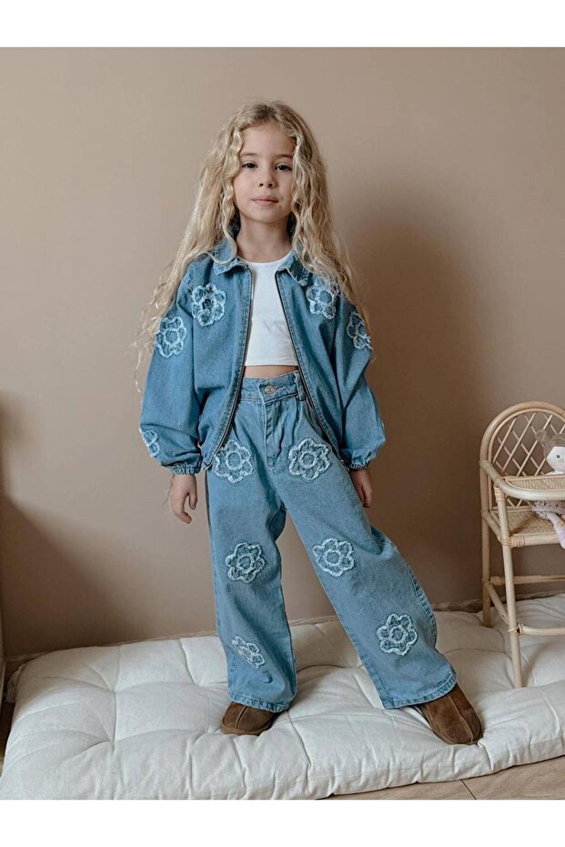 Girl's Blue Denim Jacket and Pants Jean Set