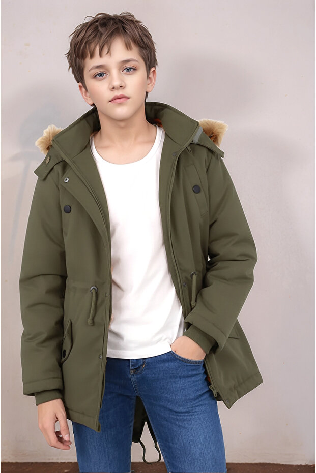 Boy's Winter Thick Inner Fleece Long Parka Model Coat