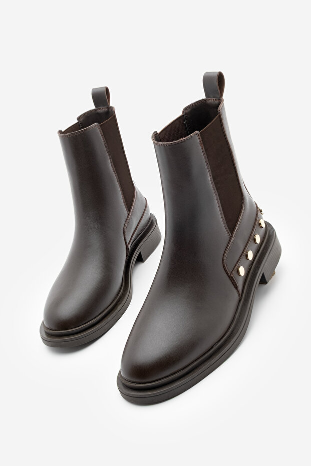 Women's Gold Studded Detailed Double Elastic Daily Boots Pamer Brown