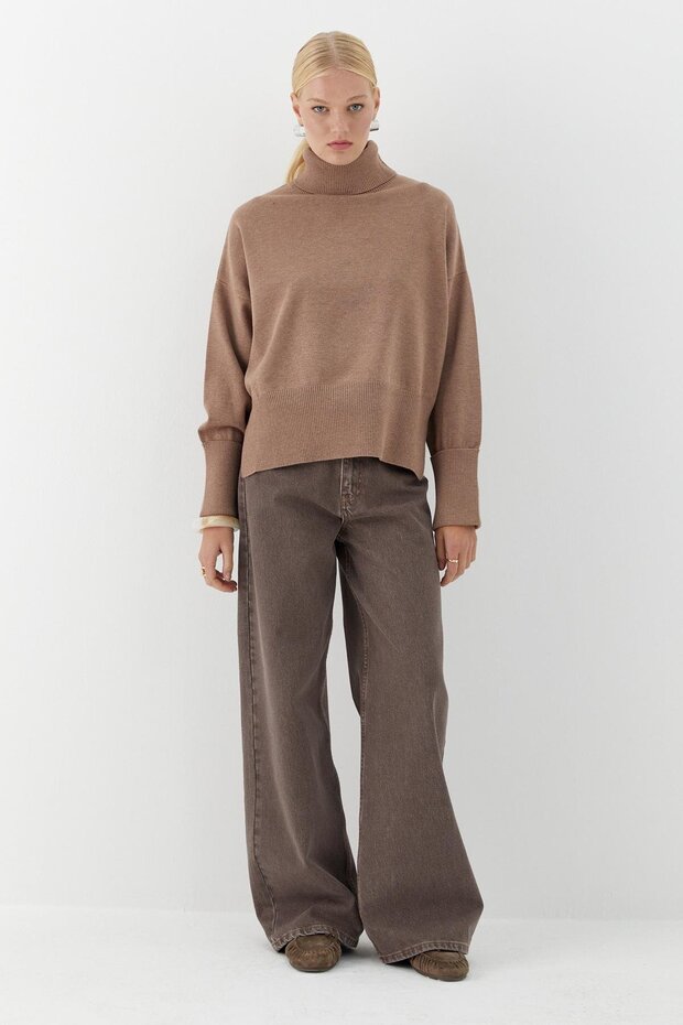 Basic Boğazlı Triko Kazak Vizon - 1