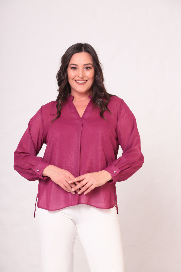 بلوزة شفافة لامعة مقاس كبير - 1