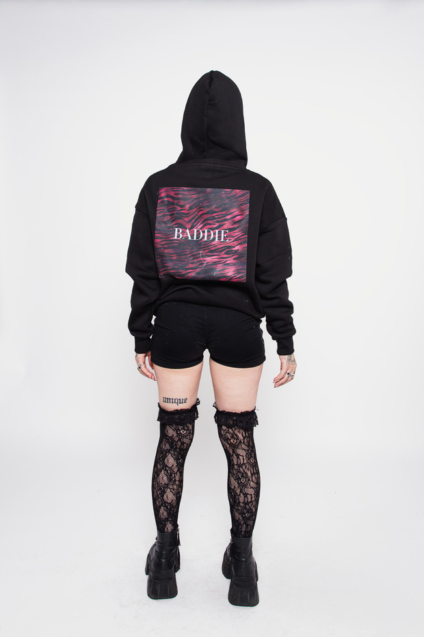 Baddie Printed Oversized Unisex Black Hoodie