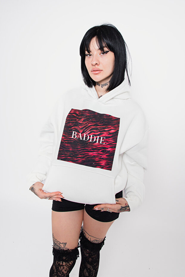 Baddie Printed Oversized Unisex White Hoodie