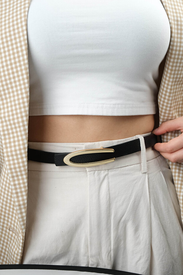 Women's Black Leather Belt - Thin Dress and Trouser Belt with Yellow Buckle