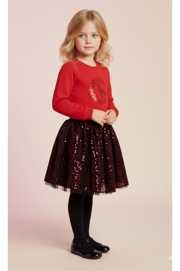 Girl's Raised Deer Sweat Elastic Waist Madonna Skirt Set