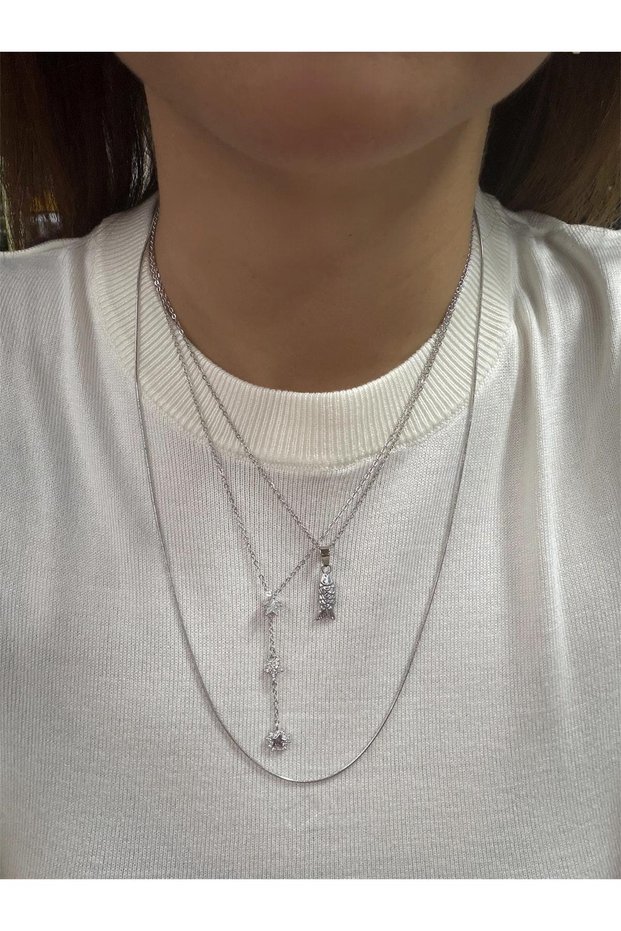 Silver Color 3-Piece Steel Necklace. Flat Chain 60 cm Other 2 Are Adjustable in Size 🐟