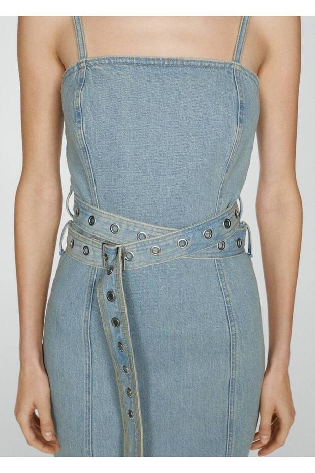 Kemerli denim elbise - 5